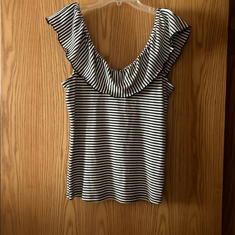 a new day Black and White Striped Ruffle Neck Short Sleeve Top